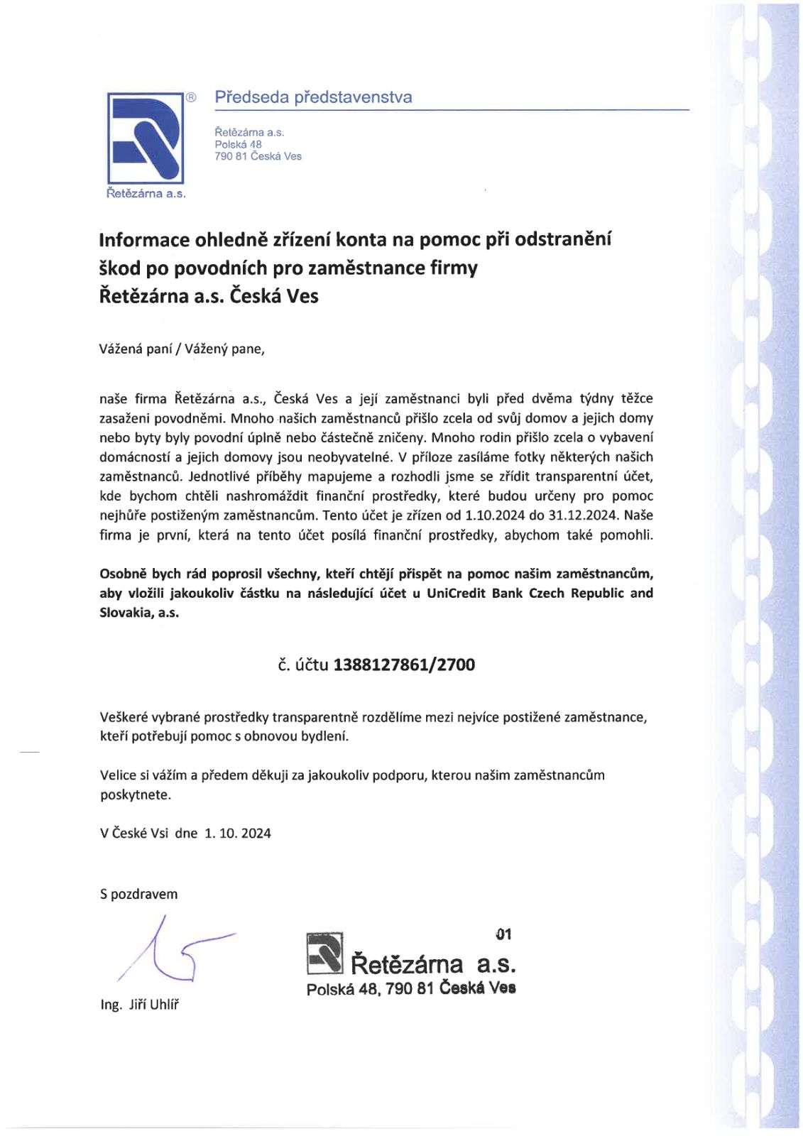 Konto na pomoc zaměstnancům Řetězárny a.s. při odstraňování škod po povodních
